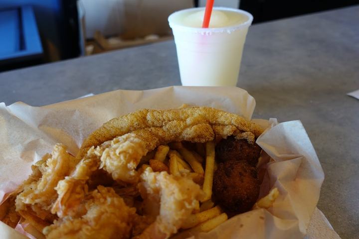 The catfish and shrimp lunch with fries, hush puppies and a free margarita.
